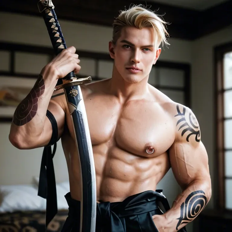 (photo-realistic,ultra realistic 8k CG:1.2),perfect artwork,delicate pattern, Caucasian Sumari, black hakama outfit, ninja, Japanese sword, muscular male, dragon tattoos, nipple piercing , blonde hair, full view ------------------------------- (silk Ribbon in front,thin cloth:1.3),earrings,filigree,detached sleeves,wide sleeves,  ------------------------------- (horizon,longView,distant,Leaves and plant in front:1.2),(dark background:1.2), -------------------------------  (hair ornament,forehead mark,cowboy shot,silver trim,high ponytail, metal trim,bra,see-through:1.3),(dark sky:1.3),  standing in dojo