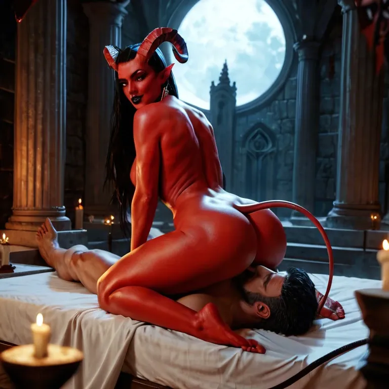 Succubus, obsidian colored skin, big boobs, big butt, horns, tail, black eyes, horny, ritual, candles, darkness, nude, straddling, bed, leaning back