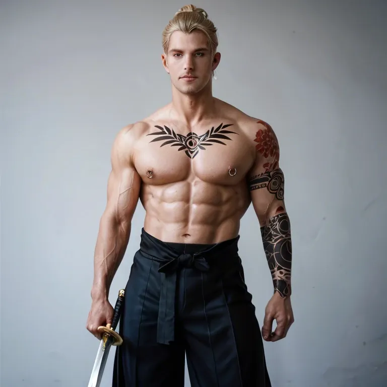 (photo-realistic,ultra realistic 8k CG:1.2),perfect artwork,delicate pattern, Caucasian Sumari, black hakama outfit, ninja, holding japanese sword, muscular male, dragon tattoos, nipple piercing , blonde hair, full view, extremely Long Large Erect Massive Cock erection  ------------------------------- (silk Ribbon in front,thin cloth:1.3),earrings,filigree,detached sleeves,wide sleeves,  ------------------------------- (horizon,longView,distant,Leaves and plant in front:1.2),(dark background:1.2), -------------------------------  (hair ornament,forehead mark,cowboy shot,silver trim,high ponytail, metal trim,bra,see-through:1.3),(dark sky:1.3),  standing in dojo