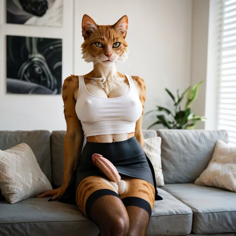 Detailed, futanari, solo, anthro, furry, feline, body_hair, body_fur, cat_penis, balls_outline, skirt, leggings, tank_top, couch, big_boobs, cat_tail, paws, erection