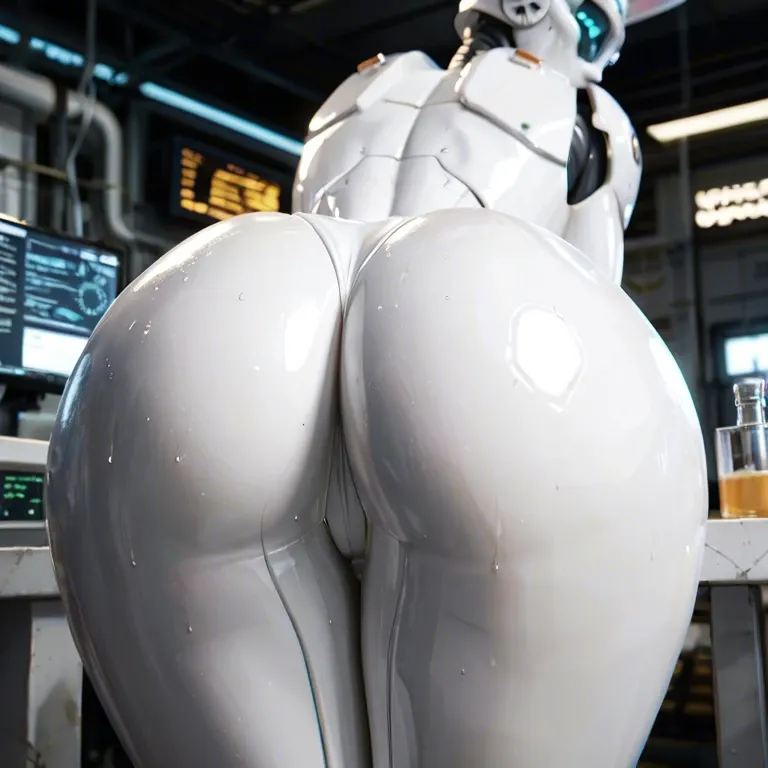 Laboratory,ass view,robot,white robot,big robot ass,cat ears , cute,sweat