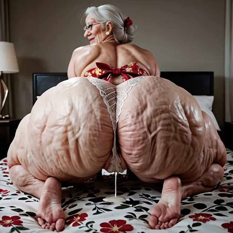 rear view of solo very fat cellulite wrinkled granny, moaning seductive smile, lace lingerie and open silk kimono, huge fat fake over-inflated massive silicon saggy lactating tits with puffy nipples, fucking doggy style, ass up