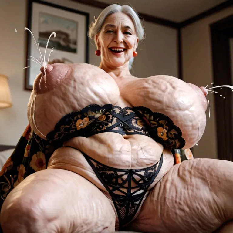 cartoonish view of solo very fat cellulite wrinkled granny, moaning seductive smile, lace lingerie and open silk kimono, huge fat fake over-inflated massive silicon saggy lactating tits with puffy nipples