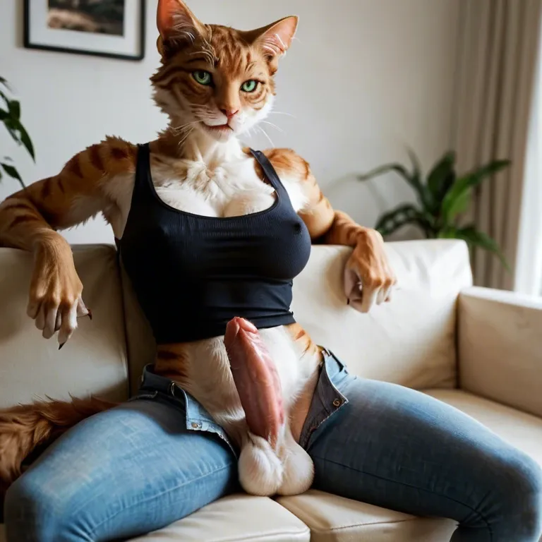 Detailed, futanari, solo, anthro, furry, feline, body_hair, body_fur, cat_penis, balls_outline, daisy_dukes, leggings, tank_top, couch, big_boobs, cat_tail, paws, erection