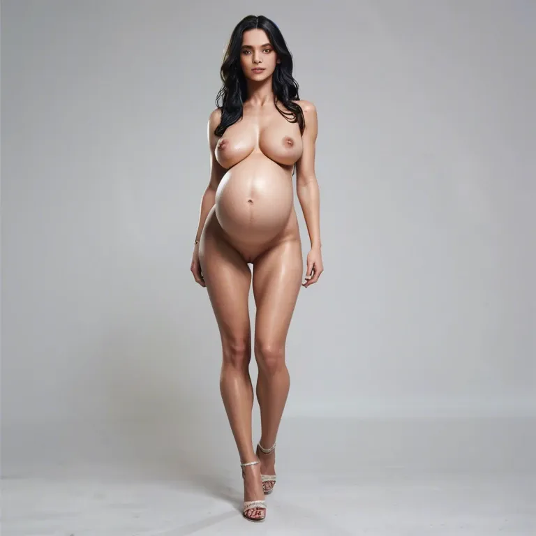 1girl, standing, naked, big tits, long black hair, brown eyes, full body, pregnant