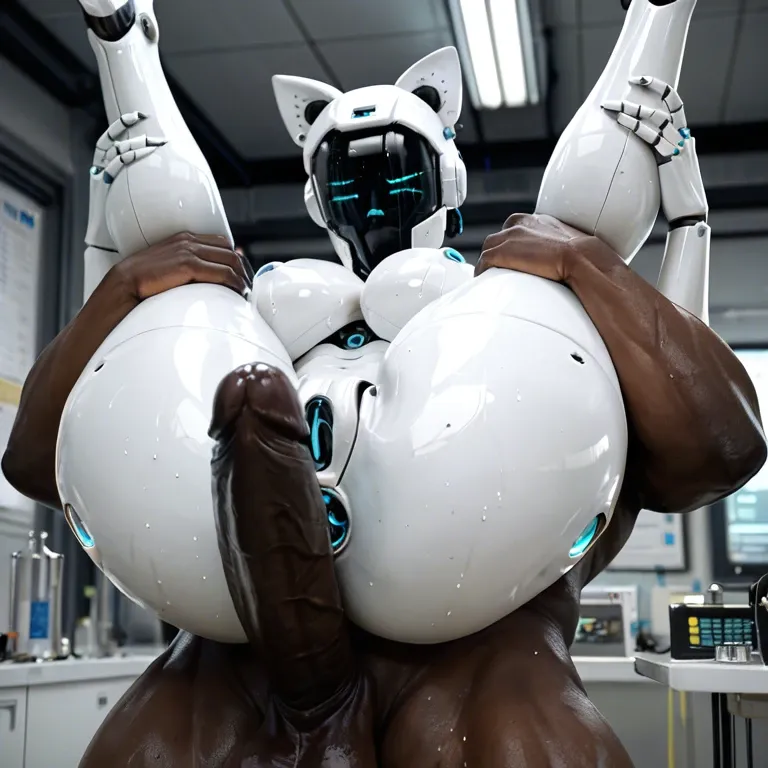 Laboratory,black skinned man, giant black penis,Holding legs,carry,full Nelson,Robot, big robot ass,white bot, electronic face, Cat ears,sweat