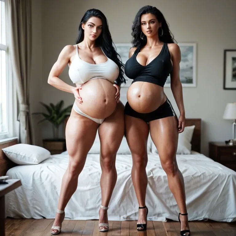 2girls, pregnant, long legs, tall, long hair, black hair, ponytaily huge breasts, big ass, thick thighs, big hips, spreaded legs, bedroom, tight top,tight hips