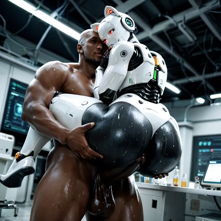 Laboratory,black skinned man, giant black penis,carry,Robot, big robot ass,white bot, electronic face, Cat ears,sweat