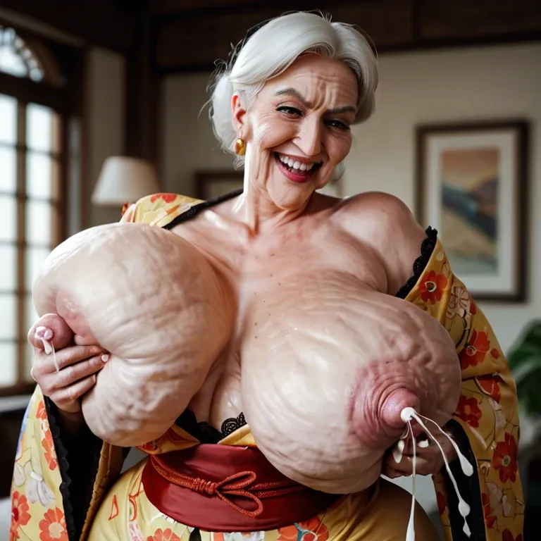 cartoonish view of solo very fat cellulite wrinkled granny, moaning seductive smile, lace lingerie and open silk kimono, huge fat fake over-inflated massive silicon saggy lactating tits with puffy nipples