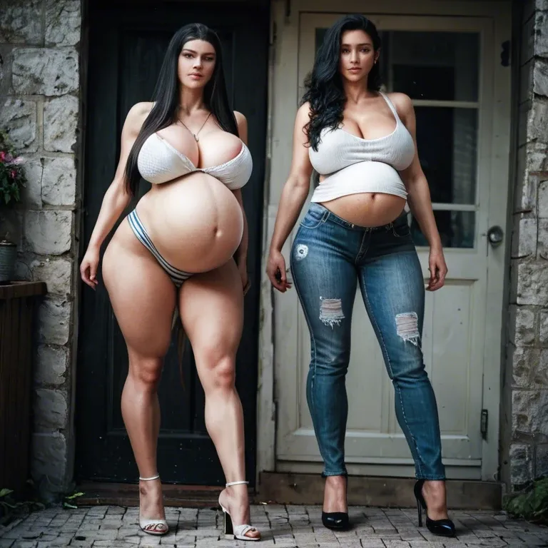 2girls, 20 years old, white skin, czech, pregnant,really long legs, super tall, really long hair, black hair, ponytaily, giant breasts, big ass, thick thighs, wide hips, spreaded legs, bedroom,on bed, tight top, latex suit, giant pregnant belly, breasts full of milk, big erected nipples