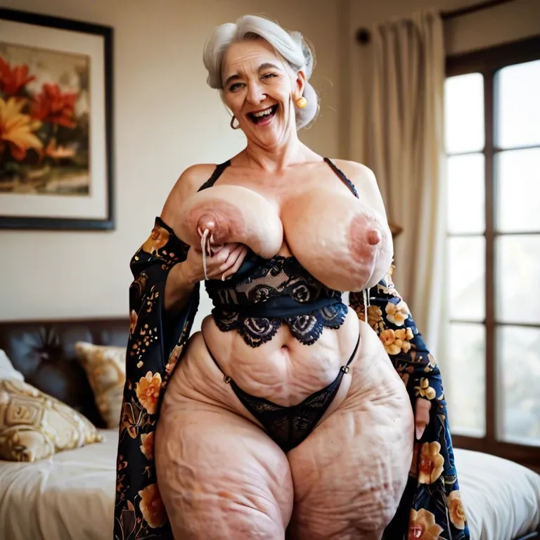 cartoonish view of solo very fat cellulite wrinkled granny, moaning seductive smile, lace lingerie and open silk kimono, huge fat fake over-inflated massive silicon saggy lactating tits with puffy nipples