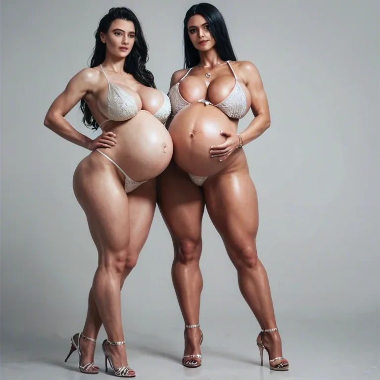 2girls, 20 years old, white skin, czech, pregnant,really long legs, super tall, really long hair, black hair, ponytaily, giant breasts, big ass, thick thighs, wide hips, spreaded legs, bedroom,on bed, tight top, latex suit, giant pregnant belly, breasts full of milk, about to burst