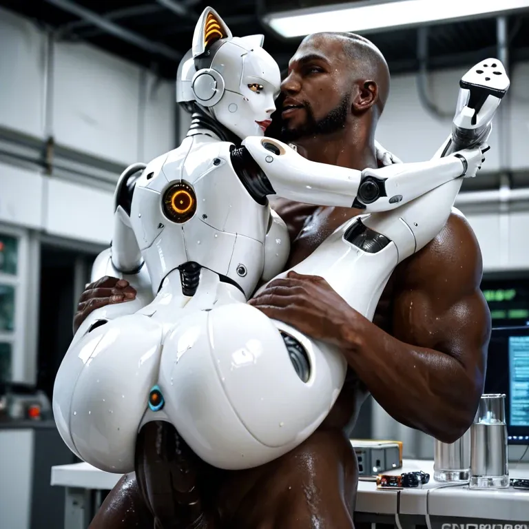 Laboratory,sex,black skinned man,giant black penis,holding legs,carry,full nelson,robot,white bot,big ass,cat ears, electronic ,sweat