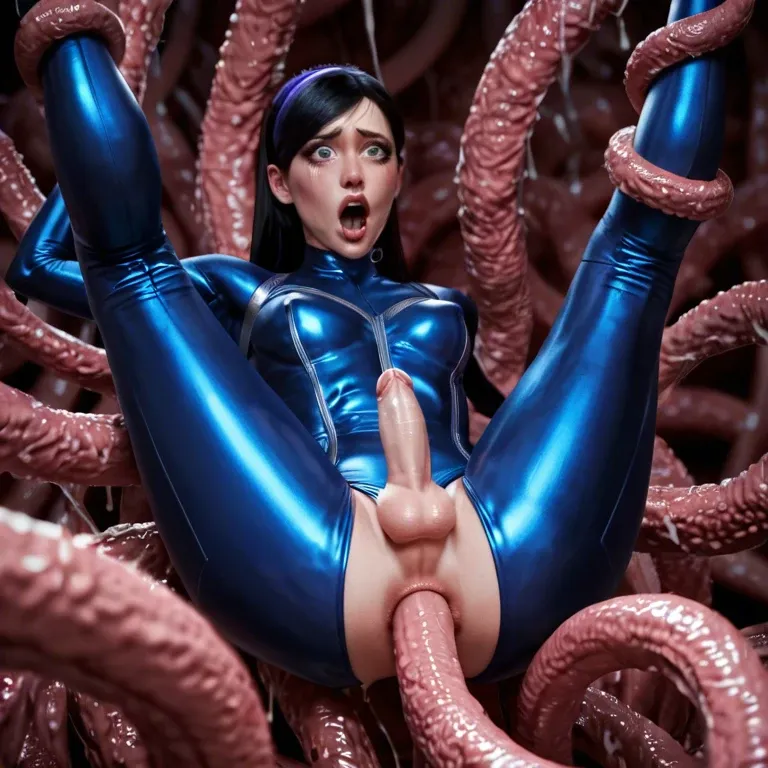 trap, micro penis, cut tight blue suit, Violet Parr, anal huge tentacles, destroyed asshole, tentacles background, hopeless, pain, orgasm, forced, rough, devoid of movement, holding in air, legs to side, stretching