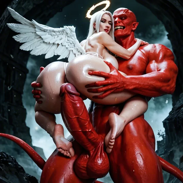 Hell,Demon,man,giant penis,red skin,grab ass,carry,Angel,teenager, giant ass,giant breasts,narrow waist,big hips,white string,sweat