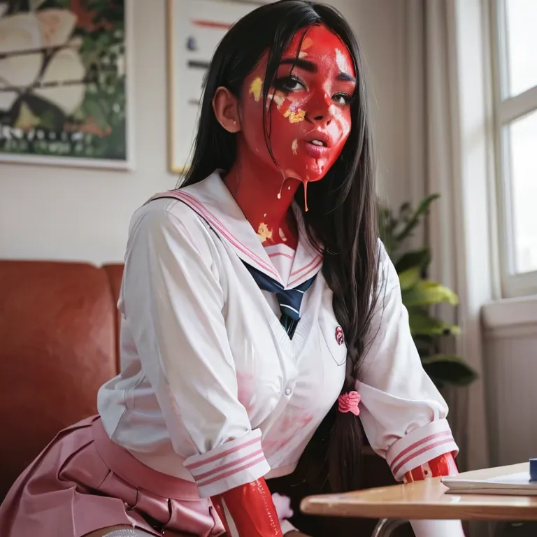 Seifuku pink skirt top and white stockings red paint wet eat dick