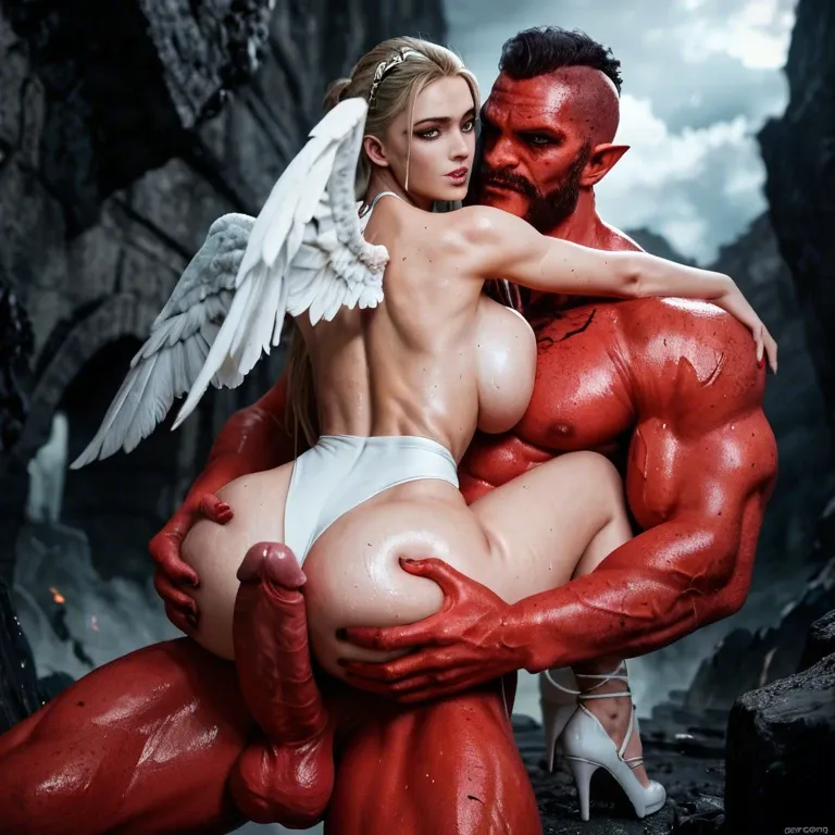 Hell,Demon,man,giant penis,red skin,grab ass,carry,Angel,teenager, giant ass,giant breasts,narrow waist,big hips,white string,sweat