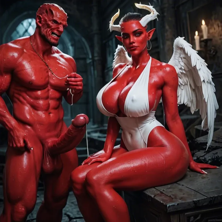 Hell,room,Demon,man,giant penis,red skin,sitting,Angel,teenager, giant ass,giant breasts,narrow waist,big hips,white string,sweat