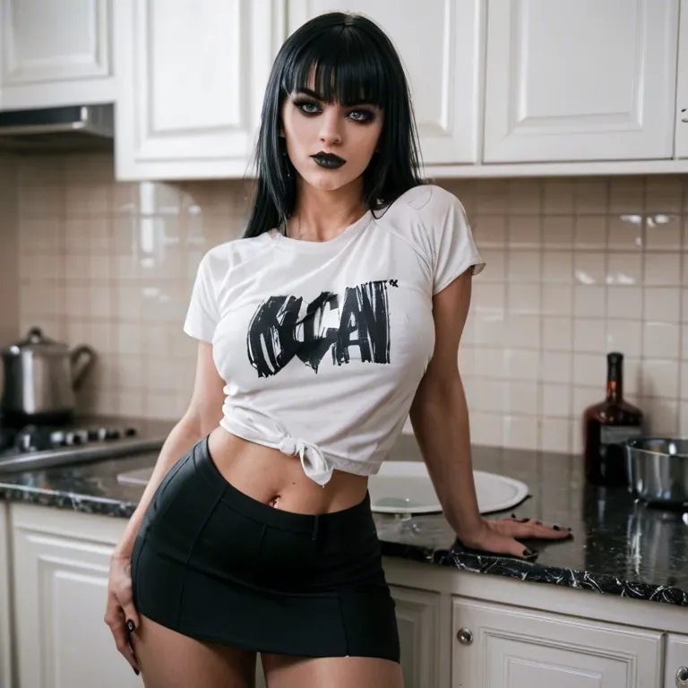 goth, ((straight hair with bangs)), pubes, confident, looking at me, wearing old t-shirt, up skirt, ((no panties)), in kitchen