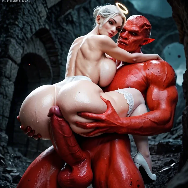 Hell,Demon,man,giant penis,red skin,grab ass,carry,Angel,teenager, giant ass,giant breasts,narrow waist,big hips,white string,sweat