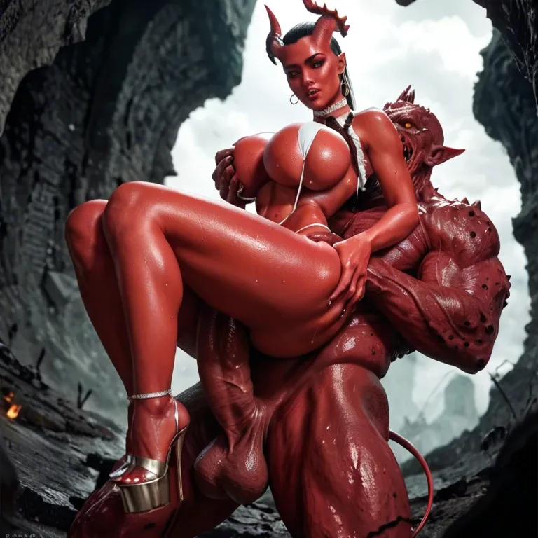 Hell,Demon,man,giant penis,red skin,grab ass,carry,Angel,teenager, giant ass,giant breasts,narrow waist,big hips,white string,sweat