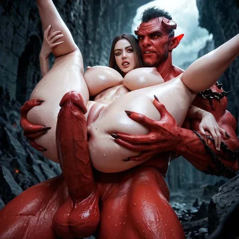 Hell,Demon,man,giant penis,red skin,grab ass,carry,Angel,teenager, giant ass,giant breasts,narrow waist,big hips,white string,sweat