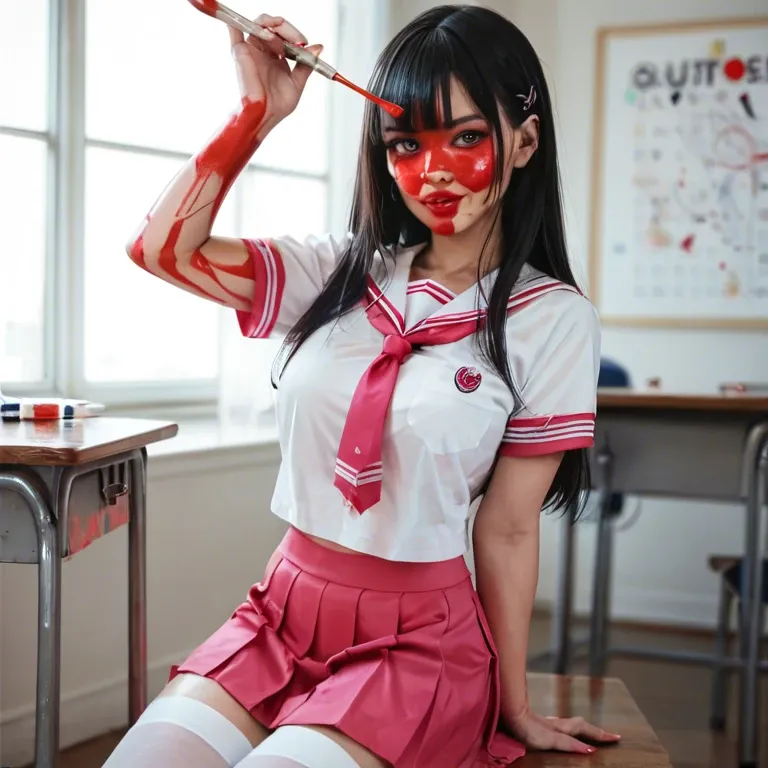 Seifuku pink skirt top and white stockings red paint