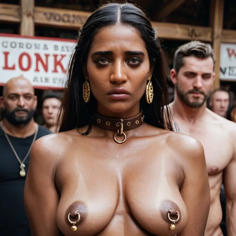 Naked Hindu girl with brown skin is chained on Basar. Collar around neck. Leather bracelets. Wooden sign. Sad. Saggy breasts. Nipple rings. London market place. 17th century. people. Wooden signs