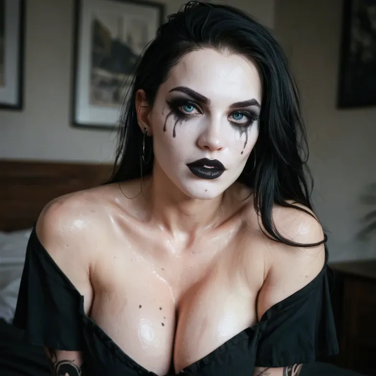 a sexy goth girl with bright white skin and extreme black makeup, body painted all over