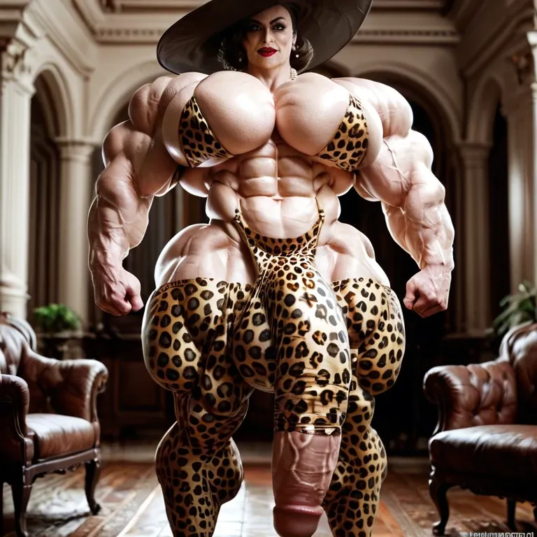 alcina dimitrescu, hyper massive muscles female, massive muscles buffet, hyper gigantic muscles, hyper gigant muscles, hyper giant muscles, hyper muscle tank, pectorales, Leopard Print Stockings, bigger Futanari Cock bulge, bathroom