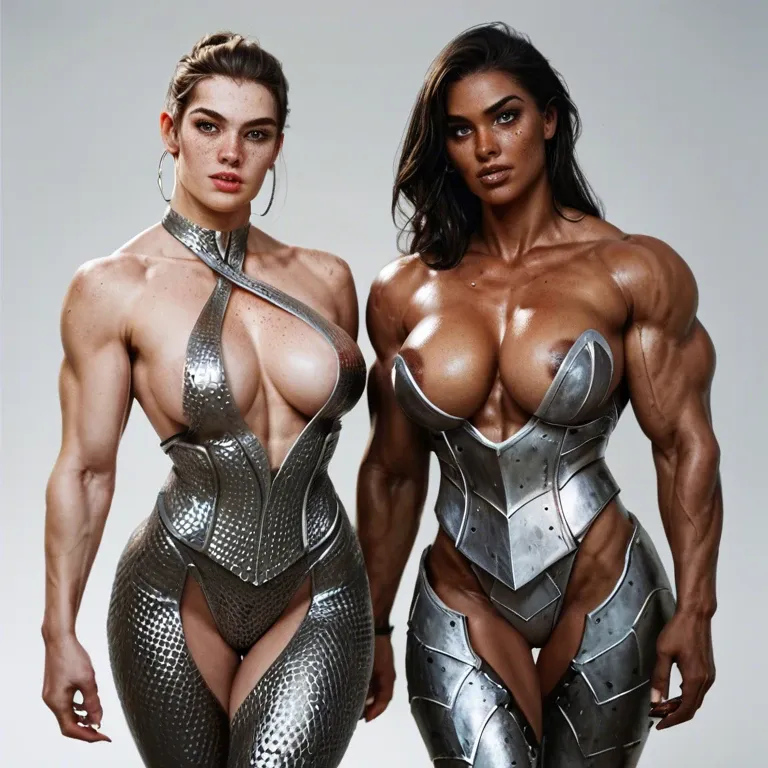 2girl, , , , strong jawline,thin knees,perky breast,hip bones,bare shoulders, lips parted,armored,areola slip,grey background,dark grey skin, freckles,large biceps,round tits,leaning back,dark-skinned, nightgown,tights,heart necklace,highleg panties,high heels, orange sundress,fishnet,belts,wet bra,knee boots, barn background, in the river, spaceship, 2b