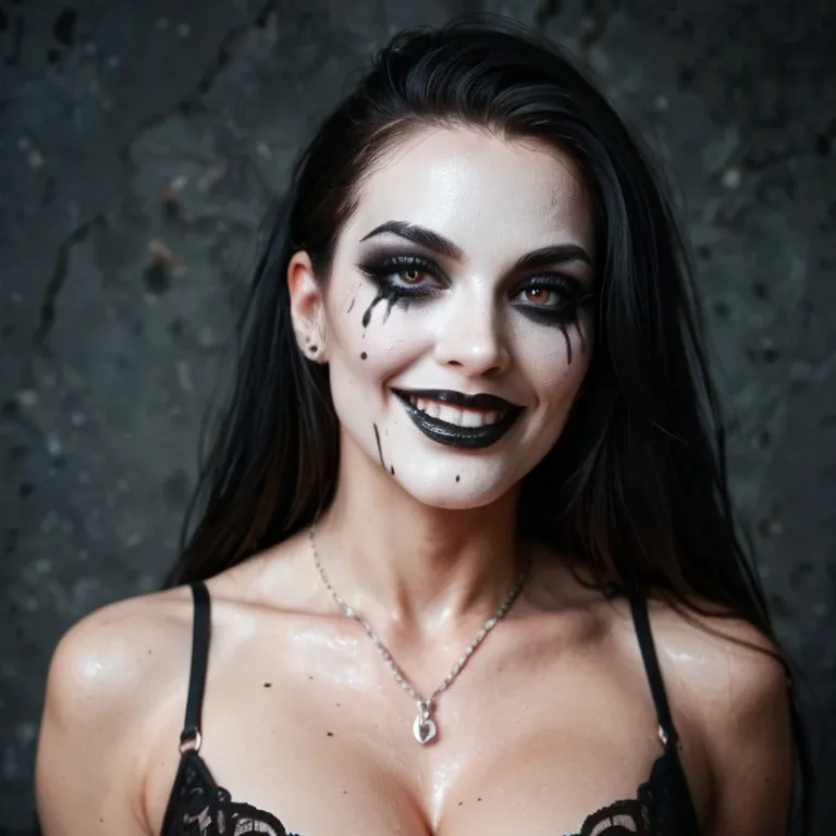 a sexy goth girl with bright white skin and extreme black makeup, body painted all over, smiling