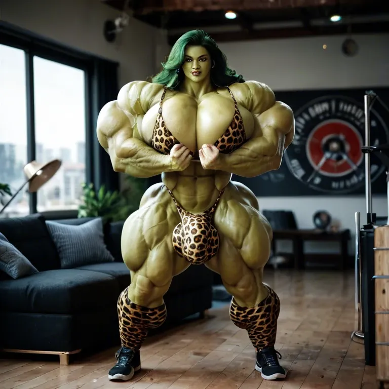 She Hulk, hyper massive muscles female, massive muscles, hyper gigantic muscles, hyper gigant muscles, hyper giant muscles, hyper muscle tank, pectorales, Leopard Print Stockings, bigger Futanari Cock bulge, home