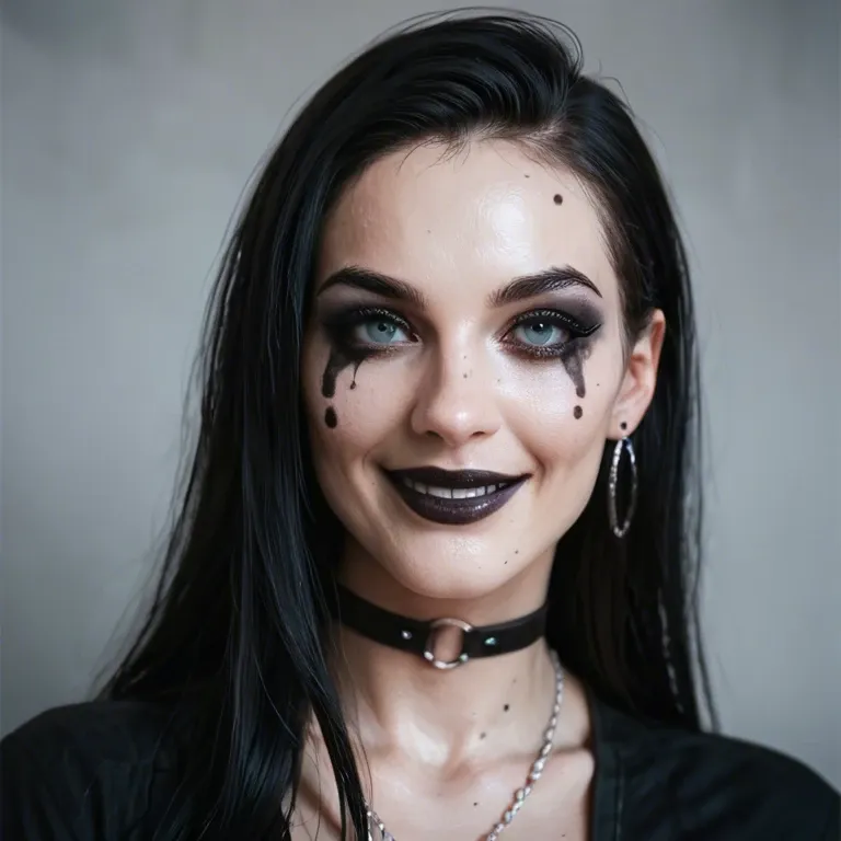 a sexy goth girl with bright white skin and extreme black makeup, body painted all over, smiling