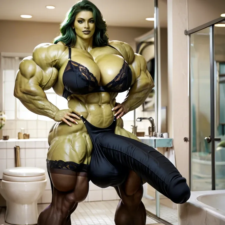 She Hulk, hyper massive muscles female, massive muscles buffet, hyper gigantic muscles, hyper gigant muscles, hyper giant muscles, hyper muscle tank, pectorales, lingerie stockings, bigger Futanari Cock bulge, bathroom