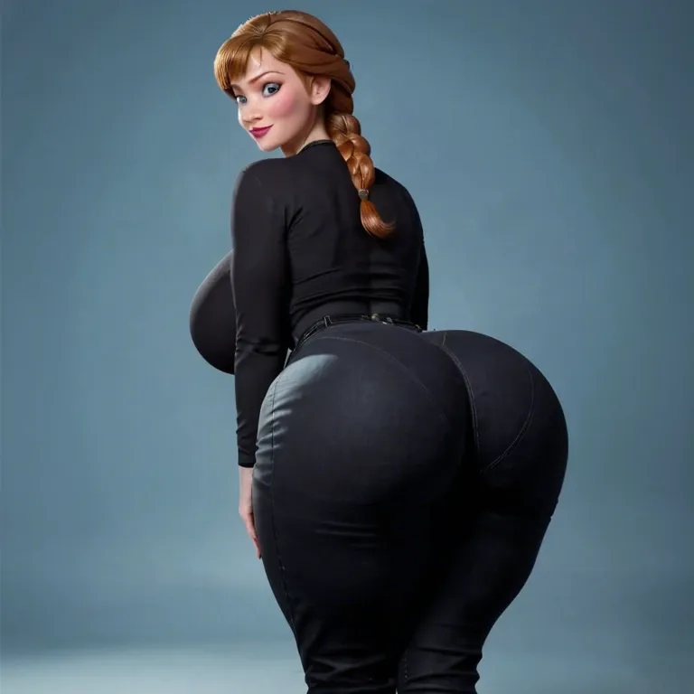 1girl, anna (frozen), huge breasts, huge ass, black shirt, black pants, solid background