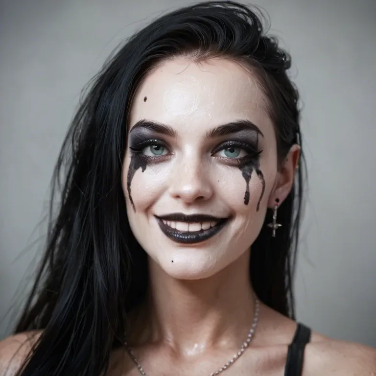 a sexy goth girl with bright white skin and extreme black makeup, body painted all over, smiling