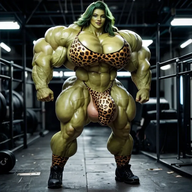 She Hulk, hyper massive muscles female, massive muscles, hyper gigantic muscles, hyper gigant muscles, hyper giant muscles, hyper muscle tank, pectorales, Leopard Print Stockings, bigger Futanari Cock bulge, home