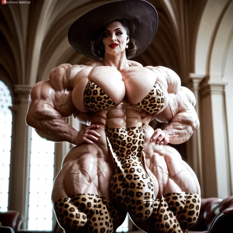 alcina dimitrescu, hyper massive muscles female, massive muscles buffet, hyper gigantic muscles, hyper gigant muscles, hyper giant muscles, hyper muscle tank, pectorales, Leopard Print Stockings, bigger Futanari Cock bulge, home