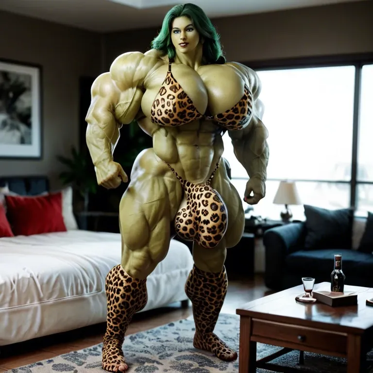 She hulk, hyper massive muscles female, massive muscles buffet, hyper gigantic muscles, hyper gigant muscles, hyper giant muscles, hyper muscle tank,  pectorales, Leopard Print Stockings , bigger Futanari Cock bulge, home