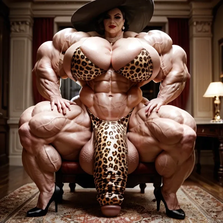 alcina dimitrescu, hyper massive muscles female, massive muscles buffet, hyper gigantic muscles, hyper gigant muscles, hyper giant muscles, hyper muscle tank, pectorales, Leopard Print Stockings, bigger Futanari Cock bulge, home