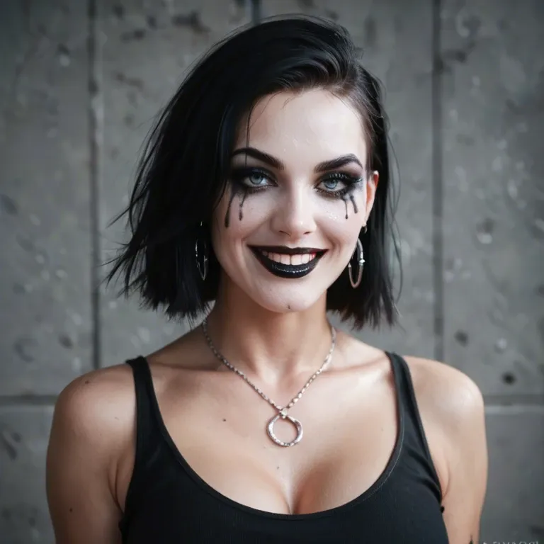 a sexy goth girl with bright white skin and extreme black makeup, body painted all over, smiling