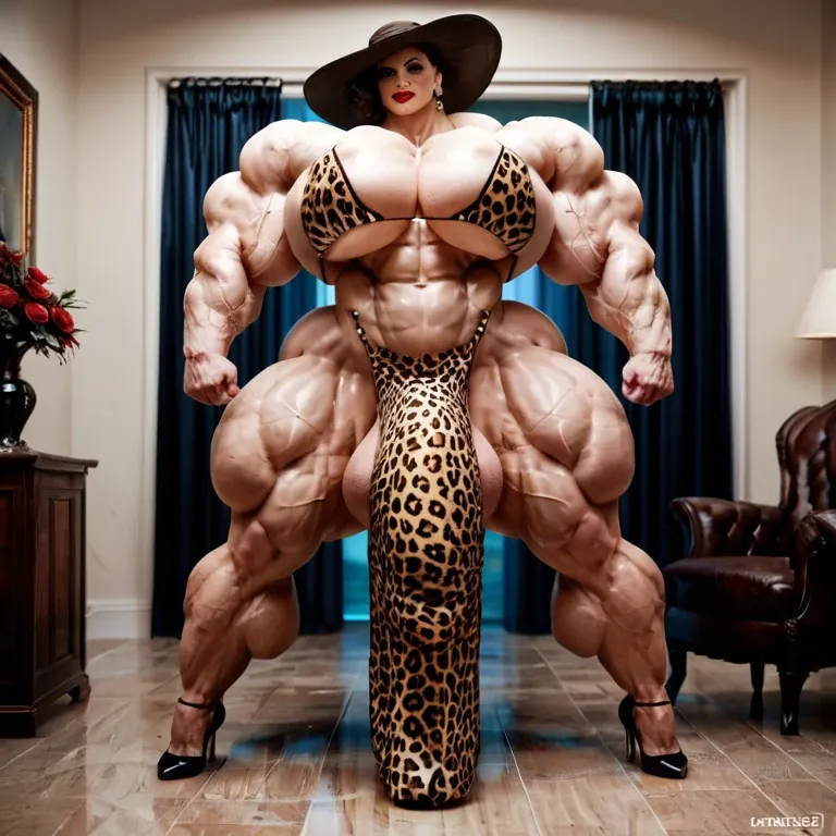 alcina dimitrescu, hyper massive muscles female, massive muscles, hyper gigantic muscles, hyper gigant muscles, hyper giant muscles, hyper muscle tank, pectorales, Leopard Print Stockings, bigger Futanari Cock bulge, home