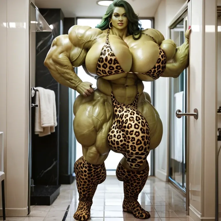 She Hulk, hyper massive muscles female, massive muscles buffet, hyper gigantic muscles, hyper gigant muscles, hyper giant muscles, hyper muscle tank, pectorales, Leopard Print Stockings, bigger Futanari Cock bulge, bathroom