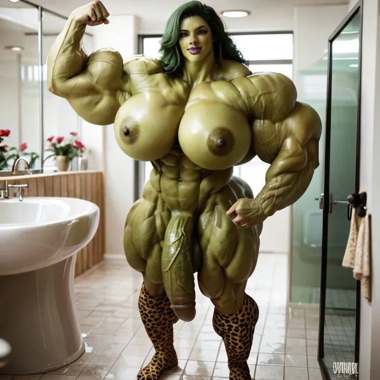 She Hulk, hyper massive muscles female, massive muscles buffet, hyper gigantic muscles, hyper gigant muscles, hyper giant muscles, hyper muscle tank, nude pectorales, Leopard Print Stockings, bigger Futanari Cock, bathroom