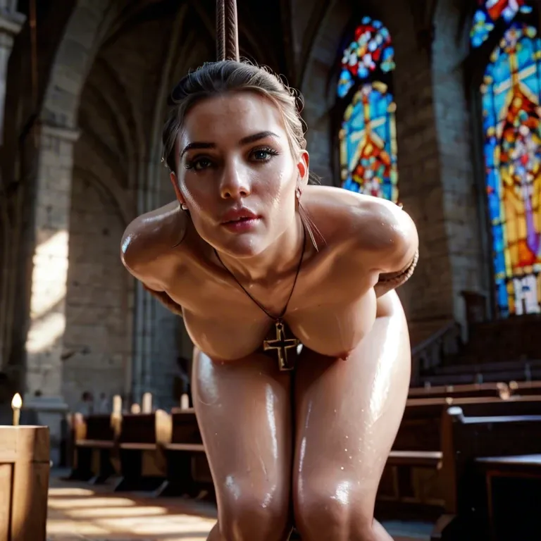 Beautiful pale white oiled shiny skin, nude woman, hanging from a wooden t shaped cross in a church, arms tied to horizontal part of the cross, with her backside facing the viewer, knees together and bent, tied to vertical part of the cross, spreading her perfect round ass, revealing her anus, huge pole up her ass.