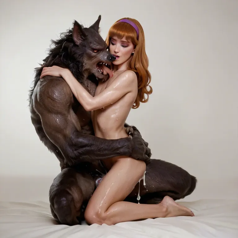 Full body, zoomed out, Daphne Blake, flat chest, creampie, passionate, embracing, bare feet, naked, orgasm, sweaty, held down, werewolf monster