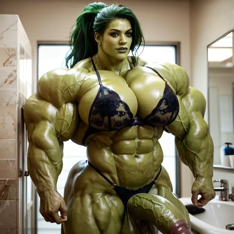 She Hulk, hyper massive muscles female, massive muscles buffet, hyper gigantic muscles, hyper gigant muscles, hyper giant muscles, hyper muscle tank, pectorales, lingerie sensuelle, bigger Futanari Cock, bathroom