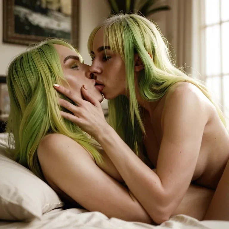 Billie Eilish and Billie Eilish, kissing, nude, large boobs, bedroom, selfcest, perfect faces