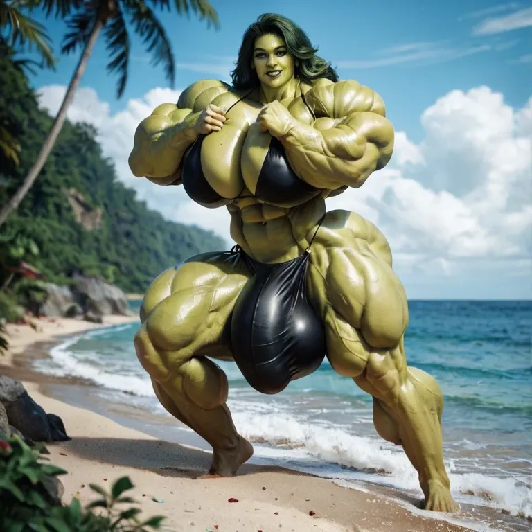 She hulk, hyper massive muscles female, massive muscles buffet, hyper gigantic muscles, hyper gigant muscles, hyper giant muscles, hyper muscle tank, pectorales, bigger Futanari Cock bulge, bikini, beach